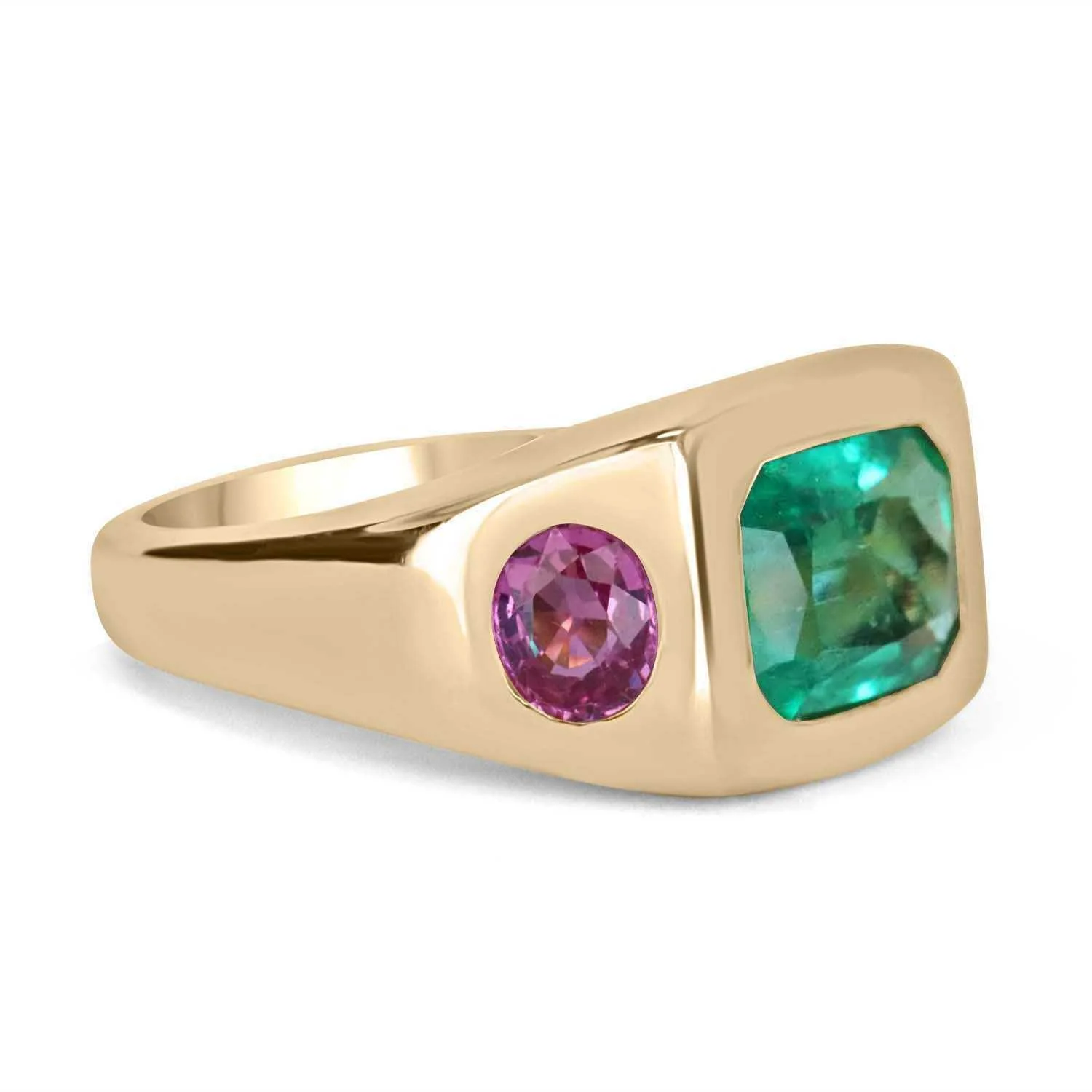 5.52tcw 18K Three Stone Emerald & Oval Pink Sapphire Gypsy Ring - Image 2