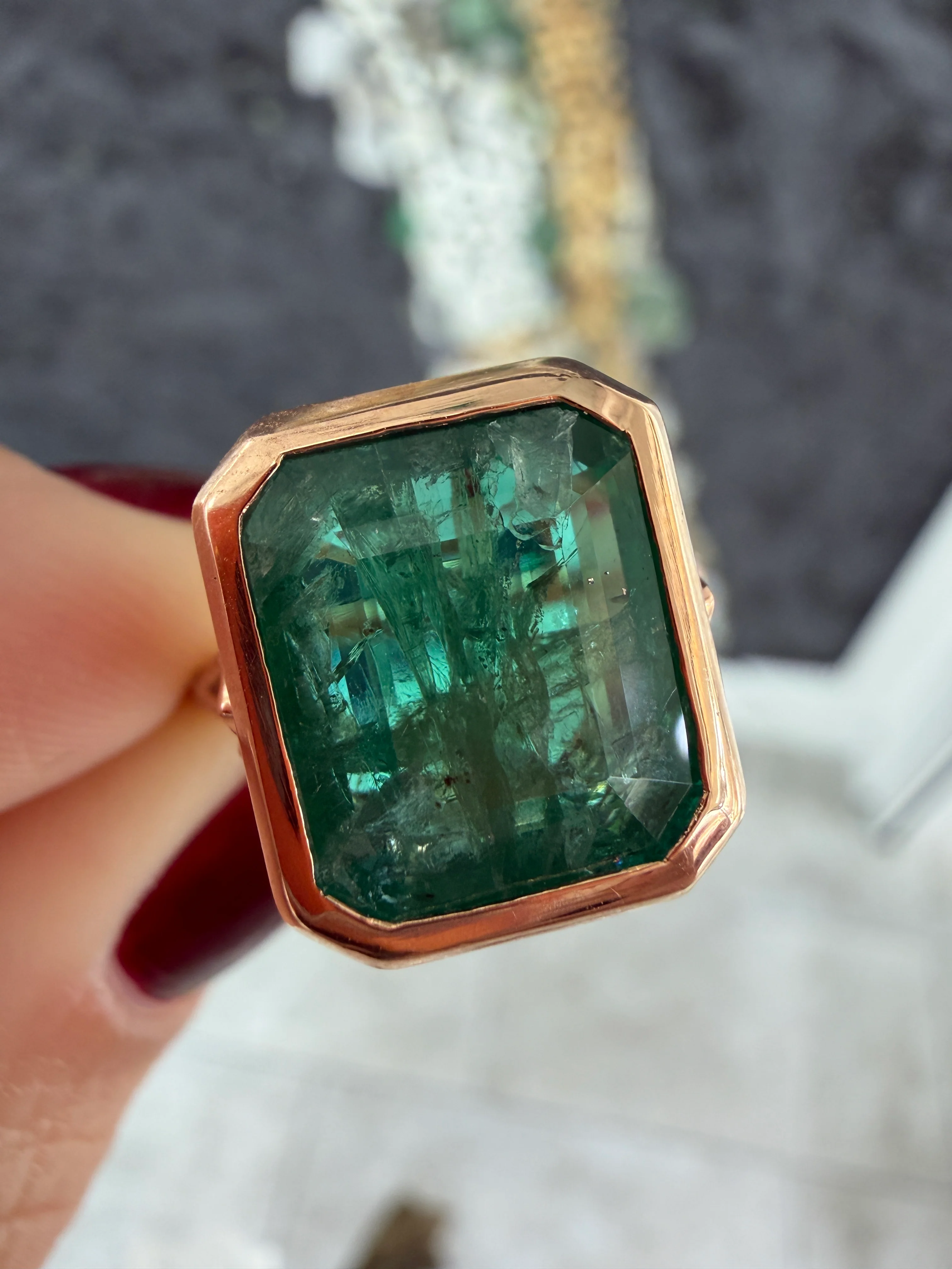 6.20tcw Vintage Inspired Emerald Bezel Ring With Diamond Shank And Scroll Basket Detail 14K Rose Gold - Image 6
