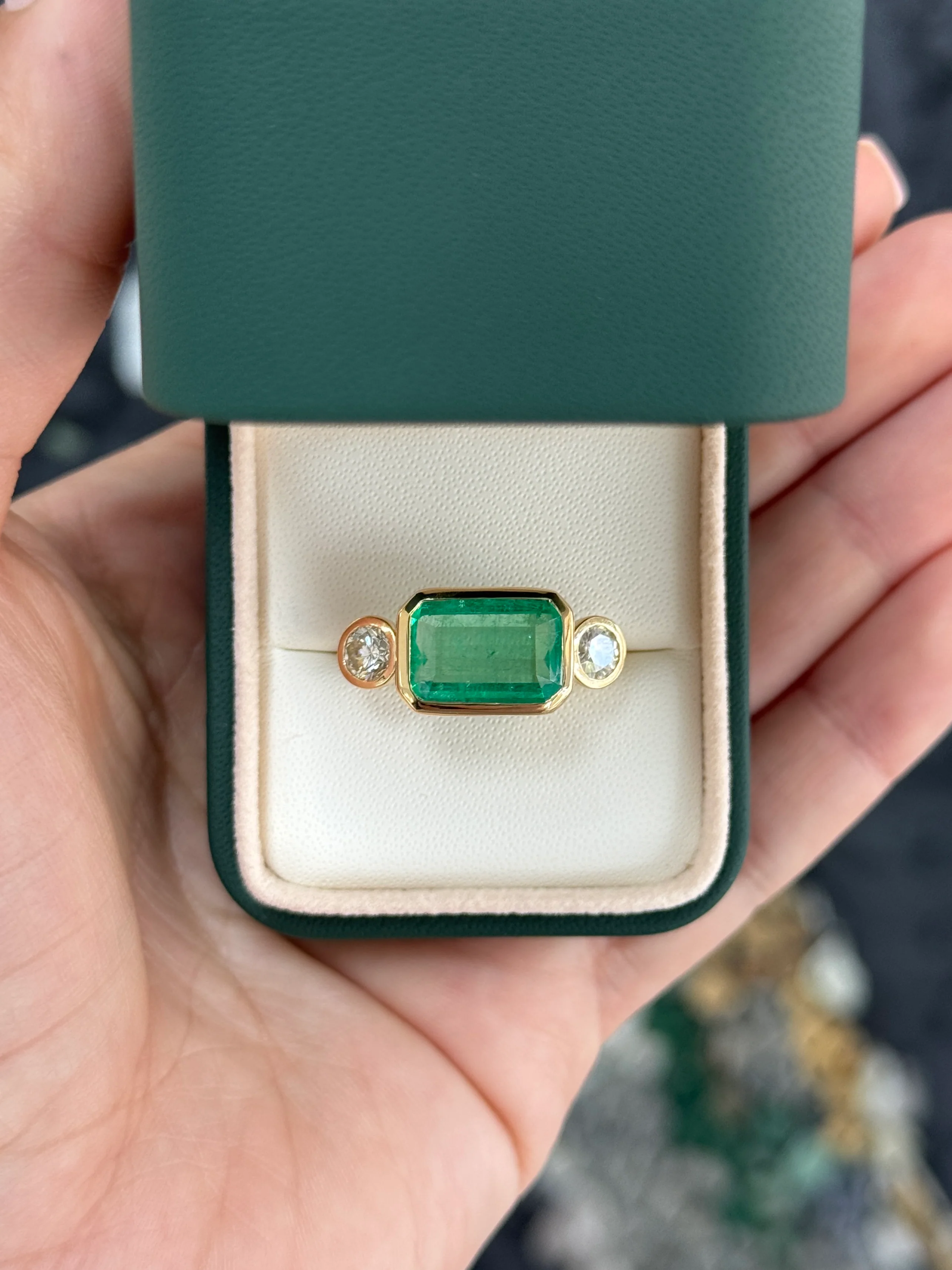 6.30 Carat Colombian Emerald East West Bezel Ring With Round Diamonds In 18K Gold Full Finger Coverage - Image 10
