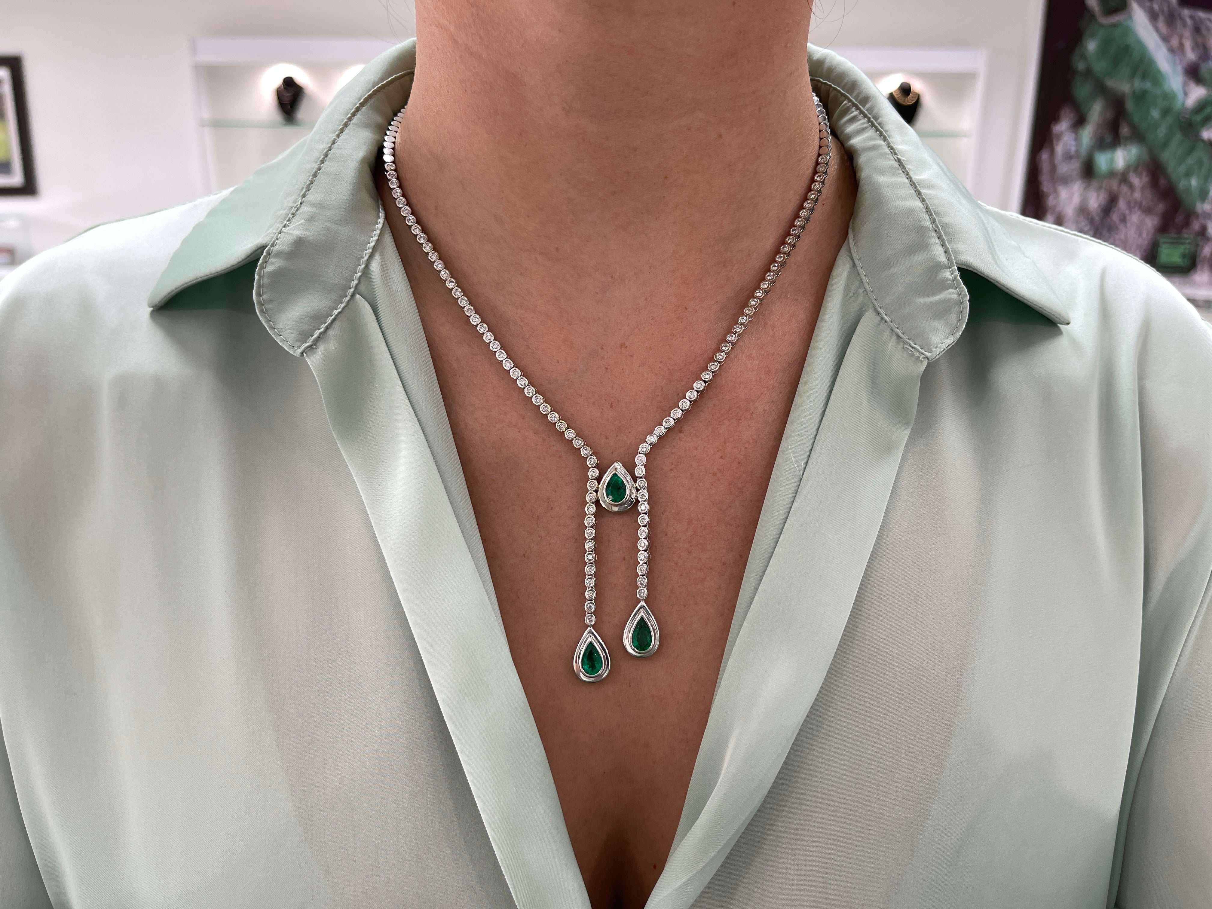 6.36tcw Vintage Pear Emerald & Diamond Lariat Statement Necklace 18K - Image 6