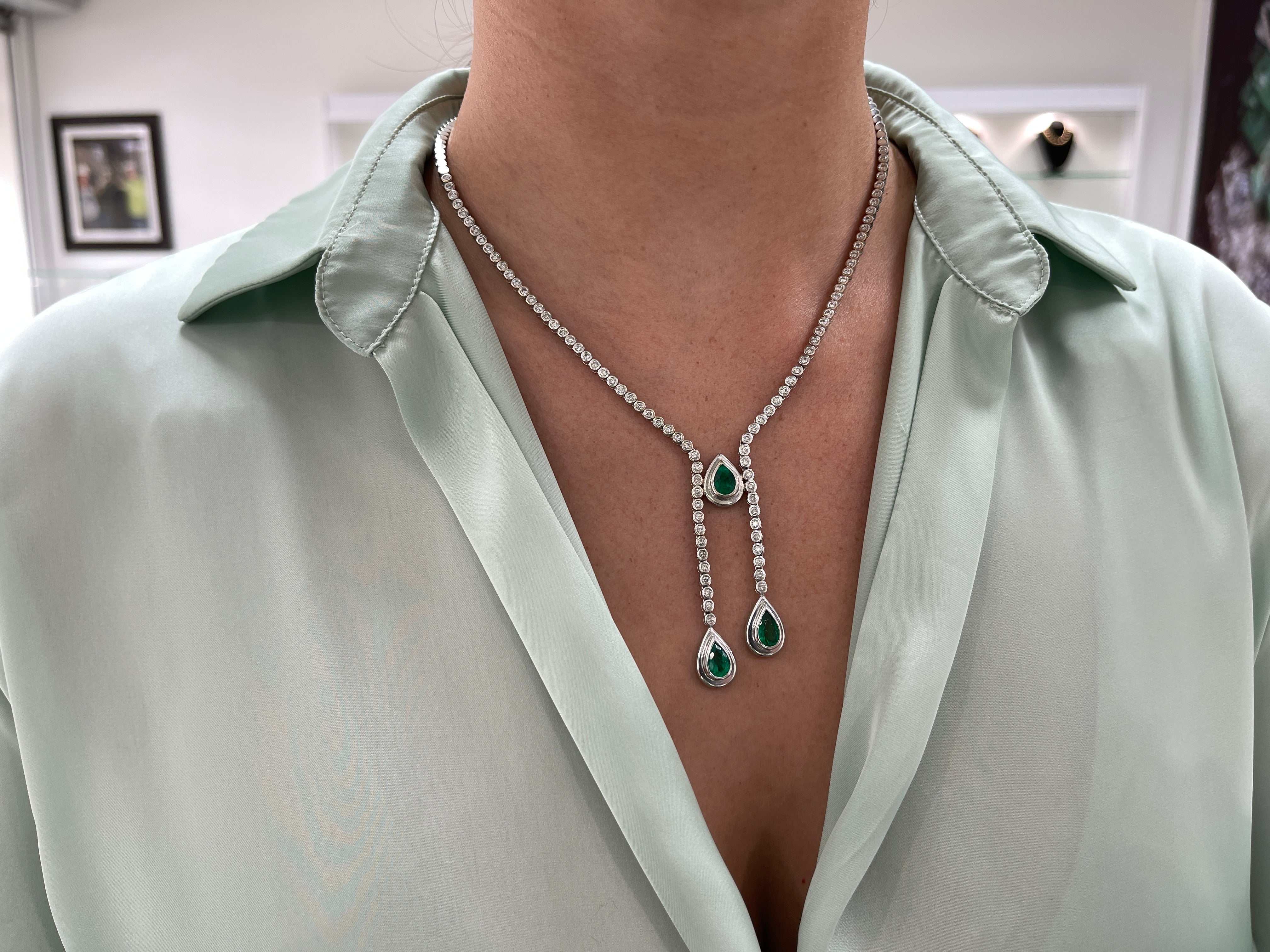 6.36tcw Vintage Pear Emerald & Diamond Lariat Statement Necklace 18K - Image 8