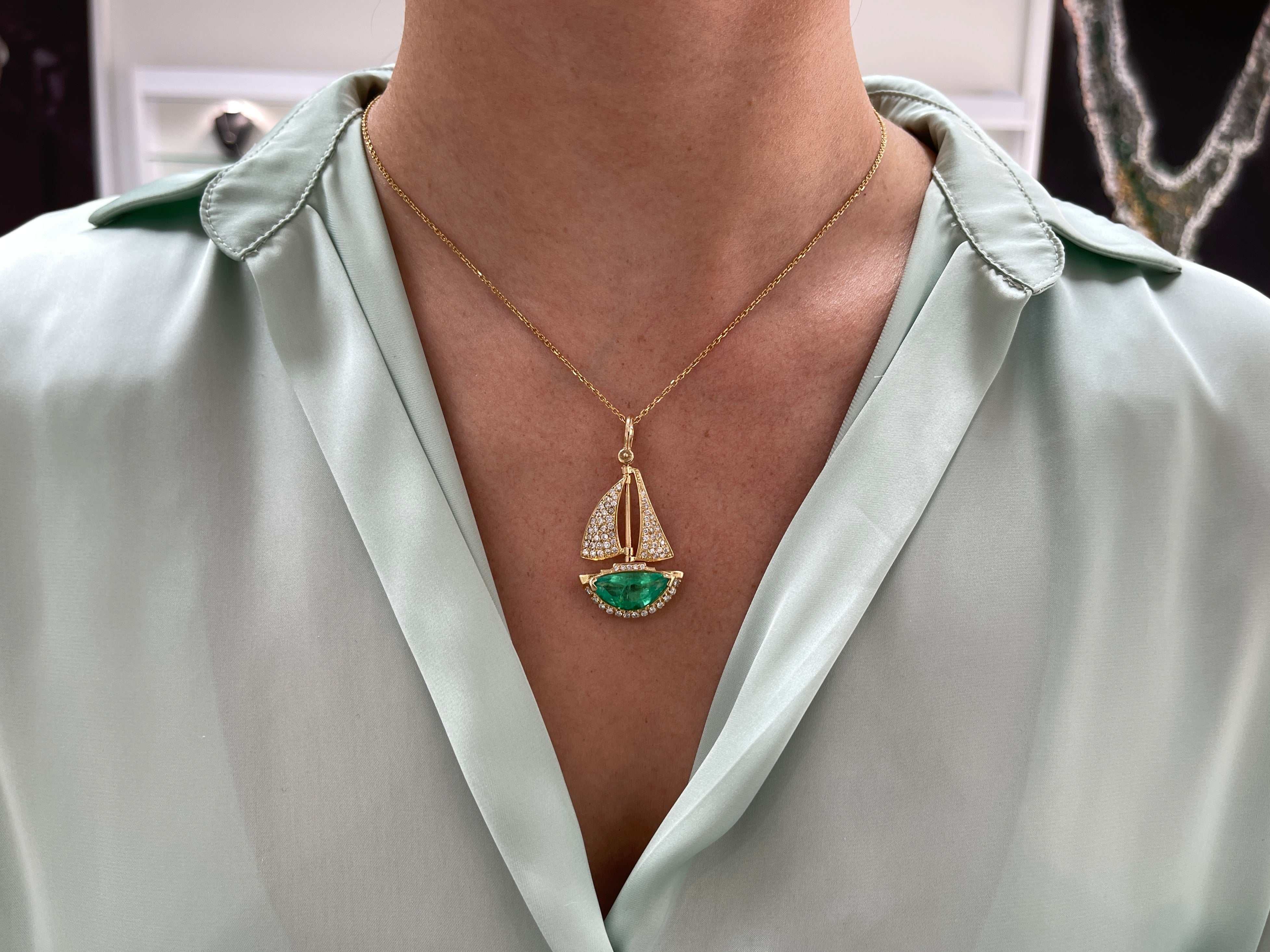 6.61tcw AAA Quality Half Moon Colombian Emerald & Diamond Hand Made Sail Boat 14K - Image 10