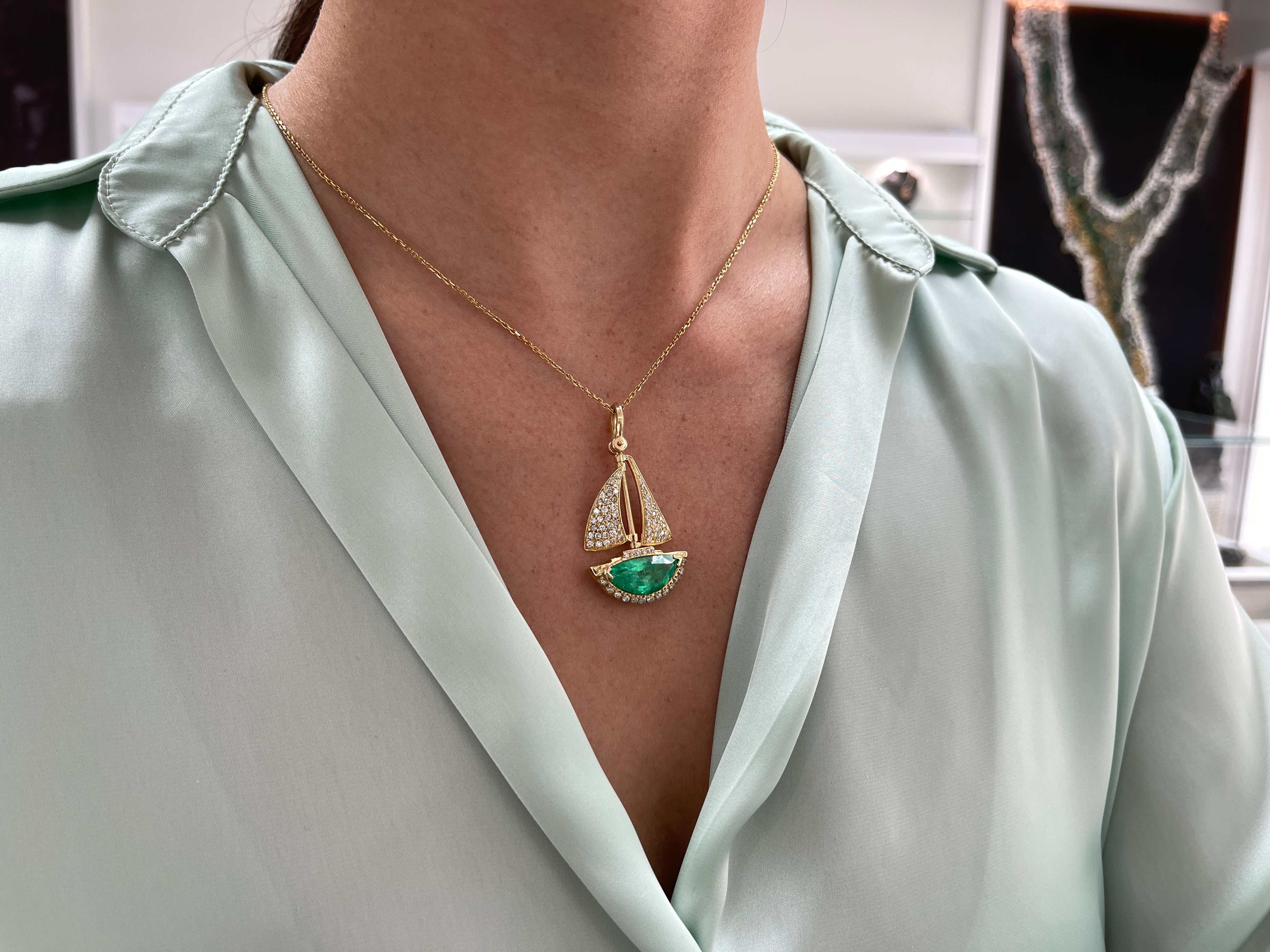 6.61tcw AAA Quality Half Moon Colombian Emerald & Diamond Hand Made Sail Boat 14K - Image 12