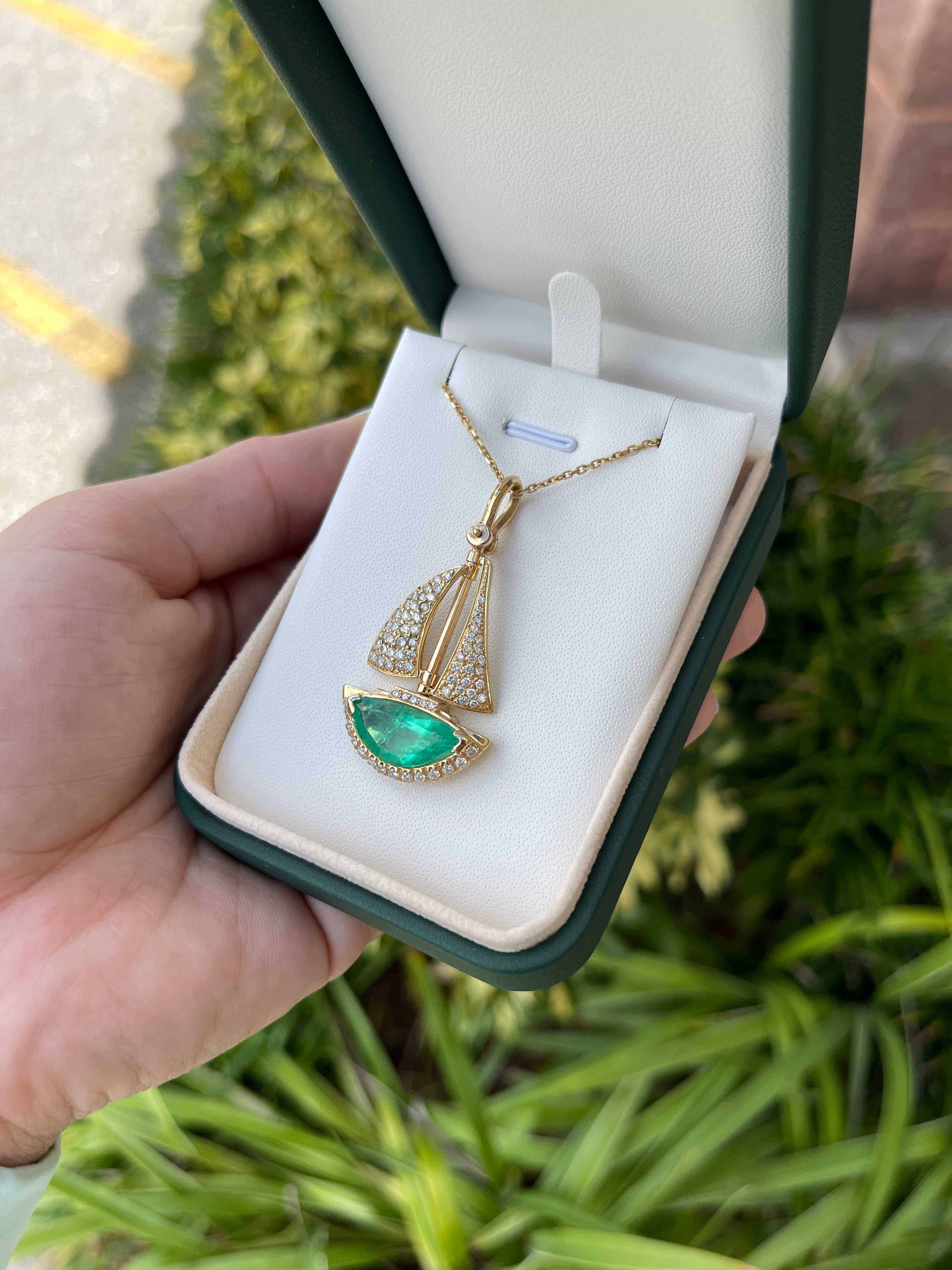 6.61tcw AAA Quality Half Moon Colombian Emerald & Diamond Hand Made Sail Boat 14K - Image 5