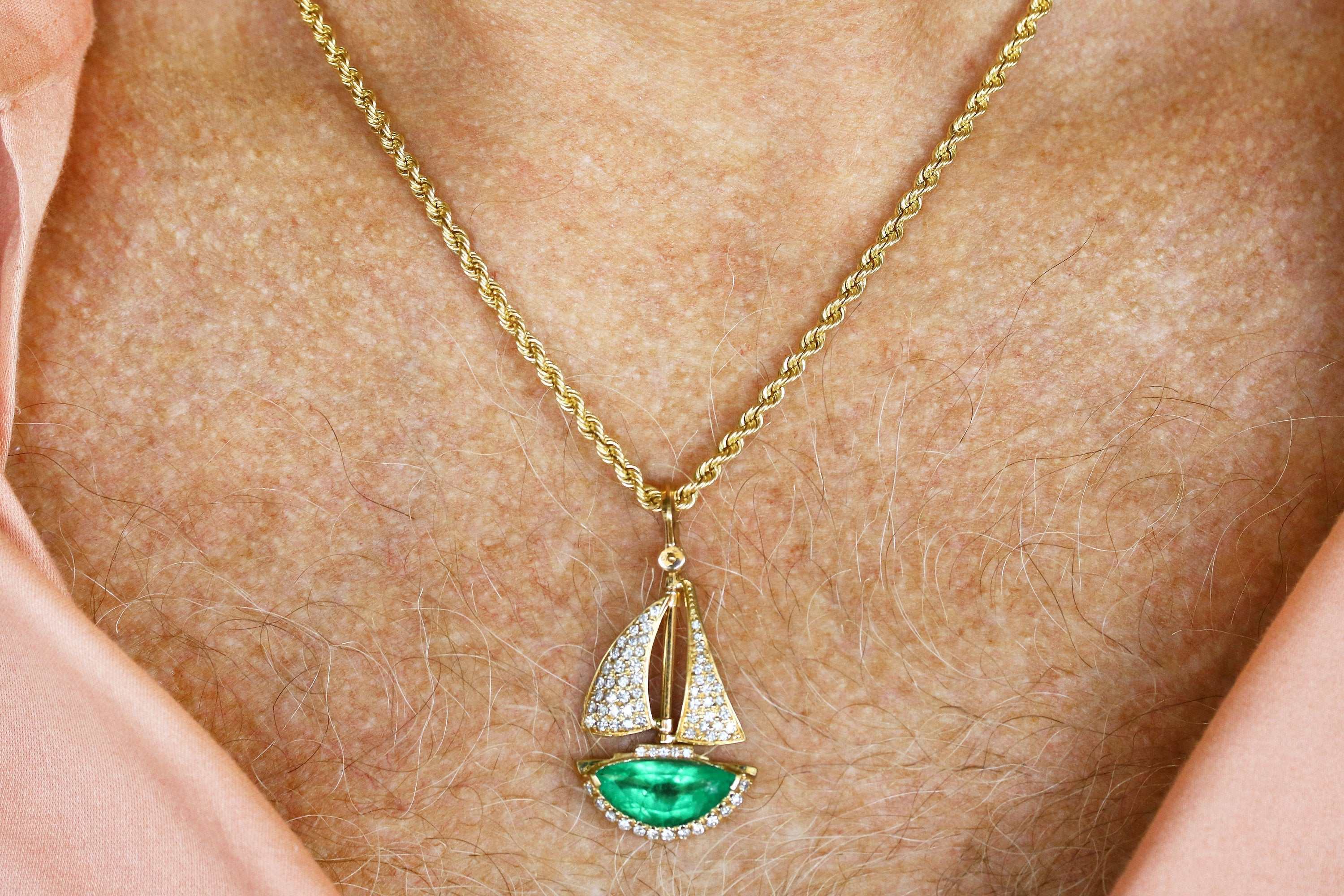 6.61tcw AAA Quality Half Moon Colombian Emerald & Diamond Hand Made Sail Boat 14K - Image 9
