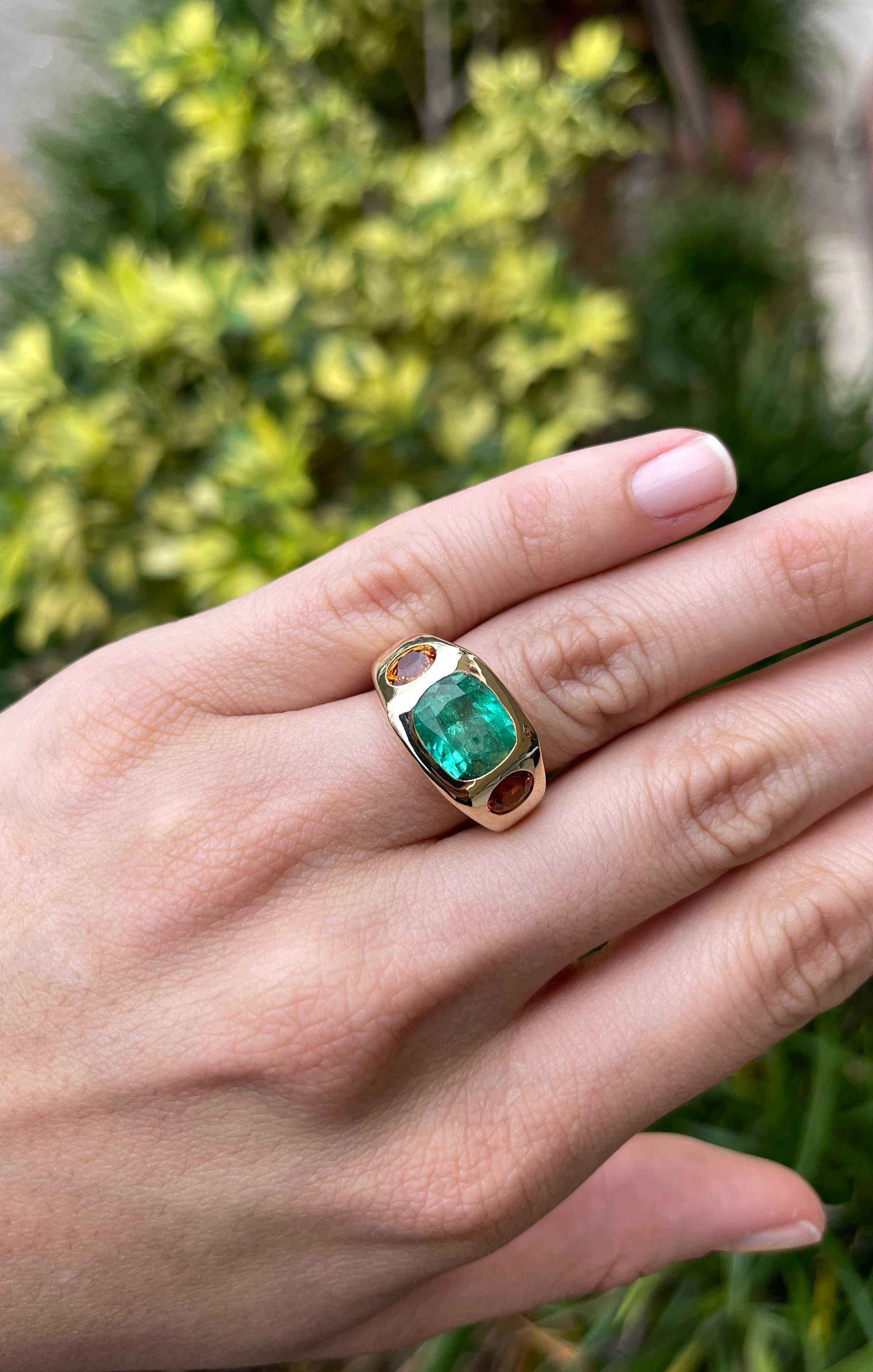 7.05tcw Large Cushion Cut Emerald & Oval Orange Sapphire Gypsy Ring 14K - Image 4
