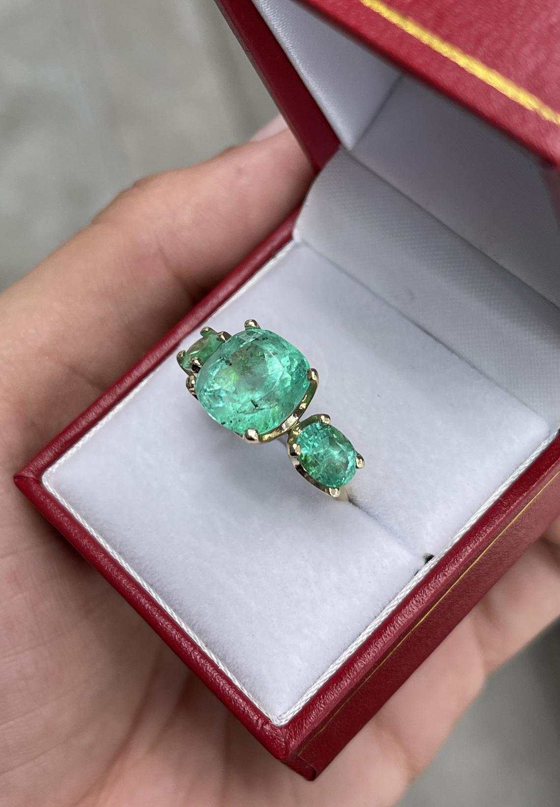 8.90tcw 14K Three Stone Cushion Cut & Oval Colombian Emerald Ring - Image 11