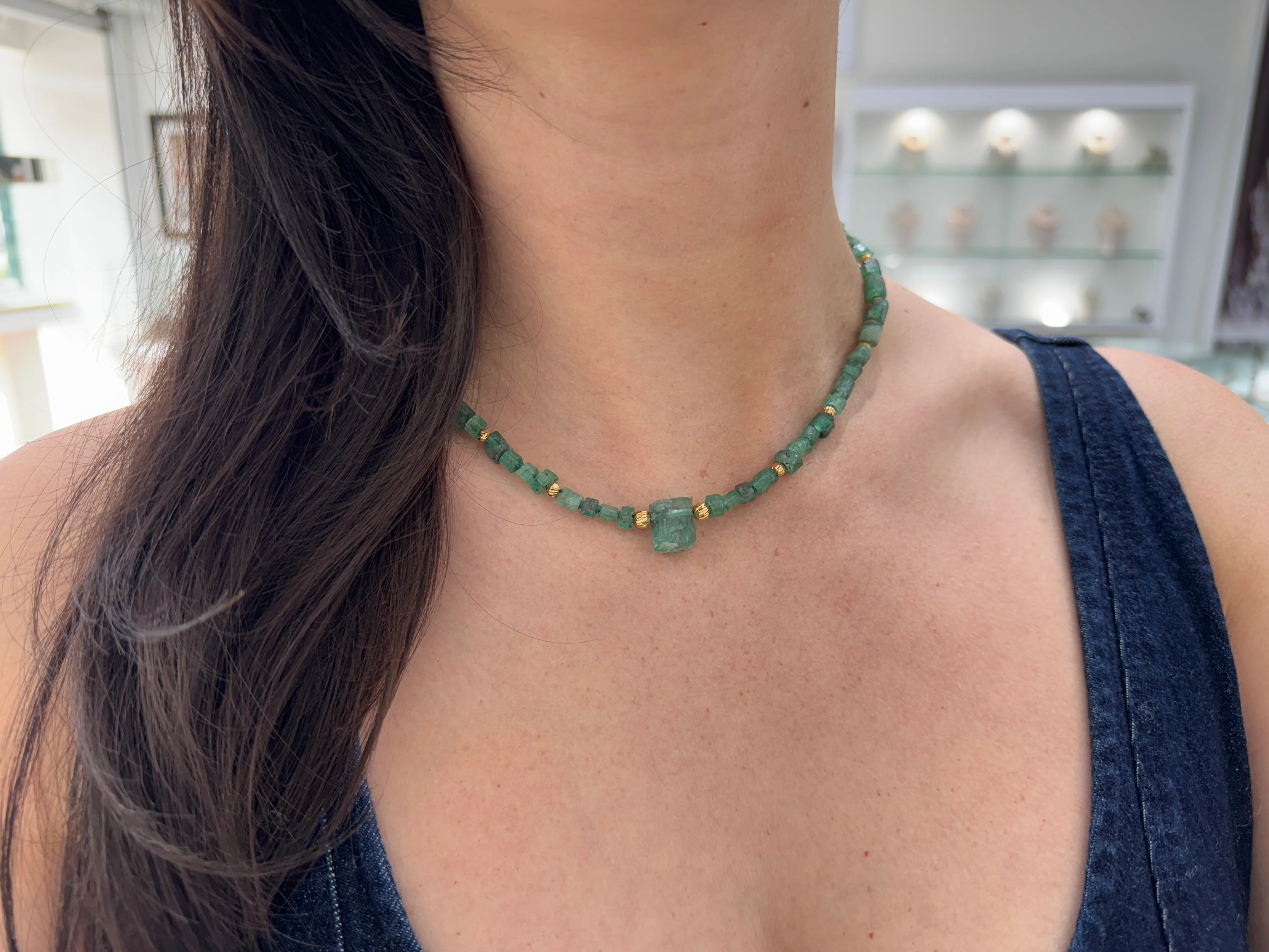 95.69tcw Natural Rough Colombian Emerald Earthy Tennis Necklace - 17 Inches 18K Gold - Image 6