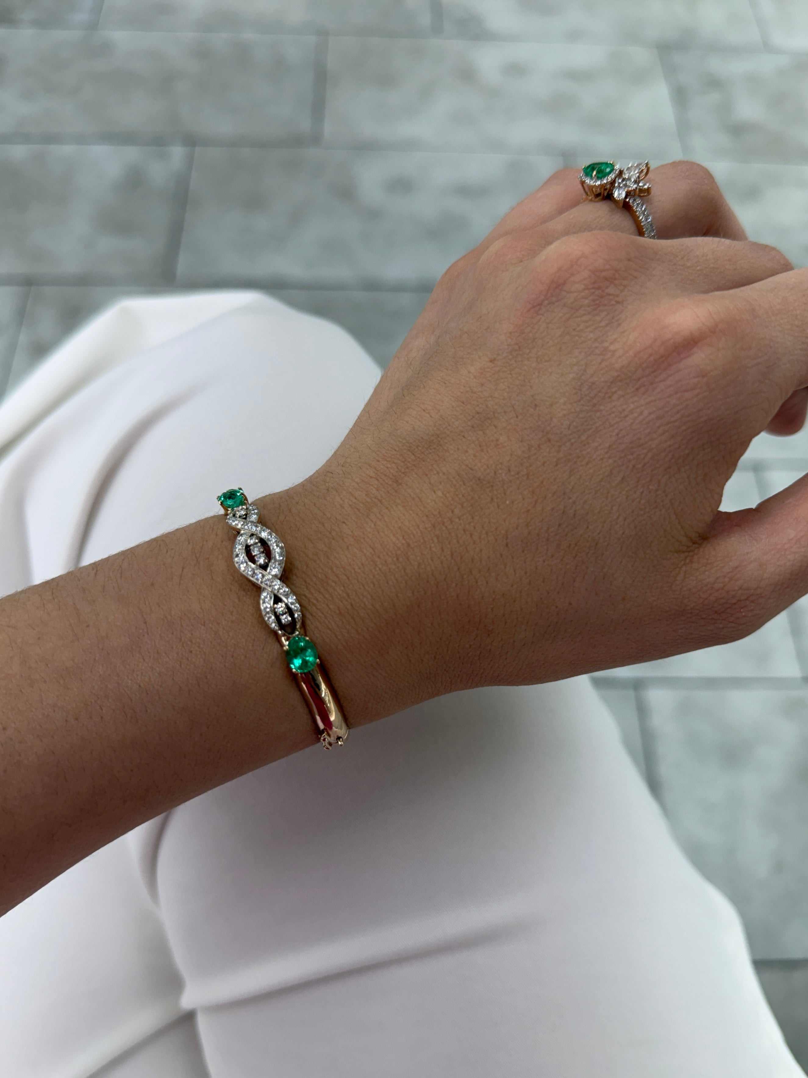 As Seen On Instagram: 2.85tcw Round Diamond & Natural Oval Emerald Bangle Bracelet 14K - Image 10