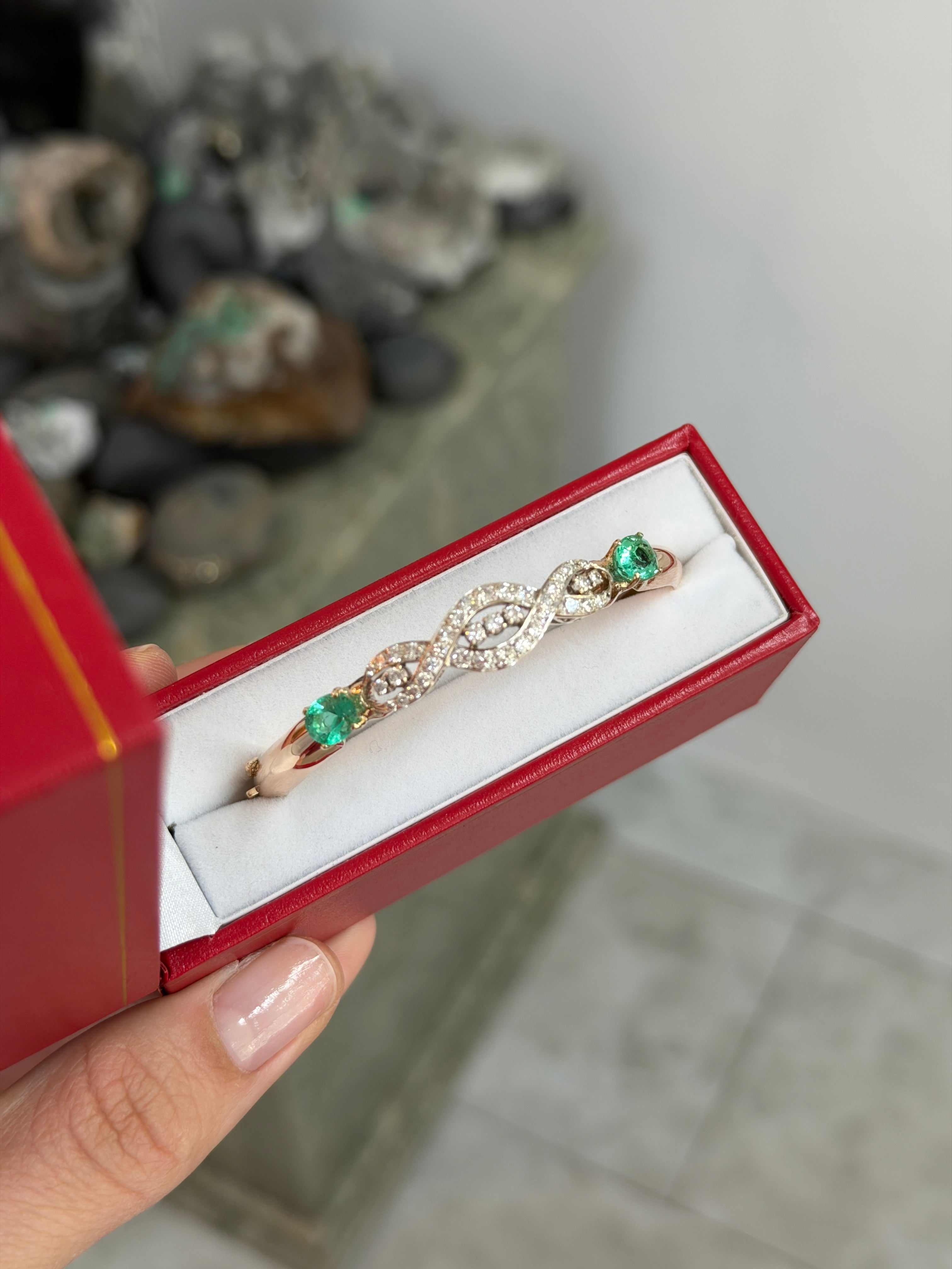 As Seen On Instagram: 2.85tcw Round Diamond & Natural Oval Emerald Bangle Bracelet 14K - Image 3