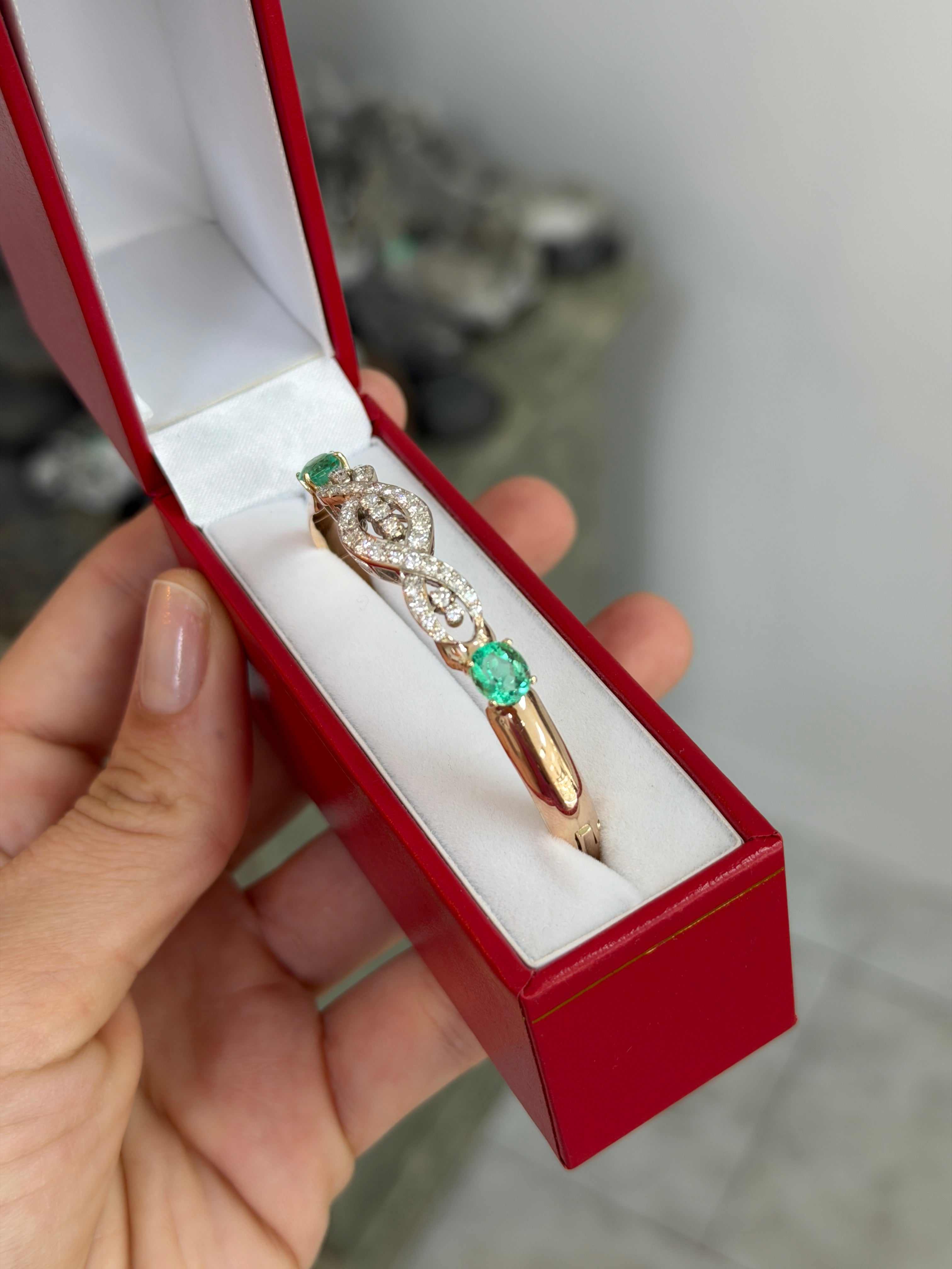 As Seen On Instagram: 2.85tcw Round Diamond & Natural Oval Emerald Bangle Bracelet 14K - Image 4
