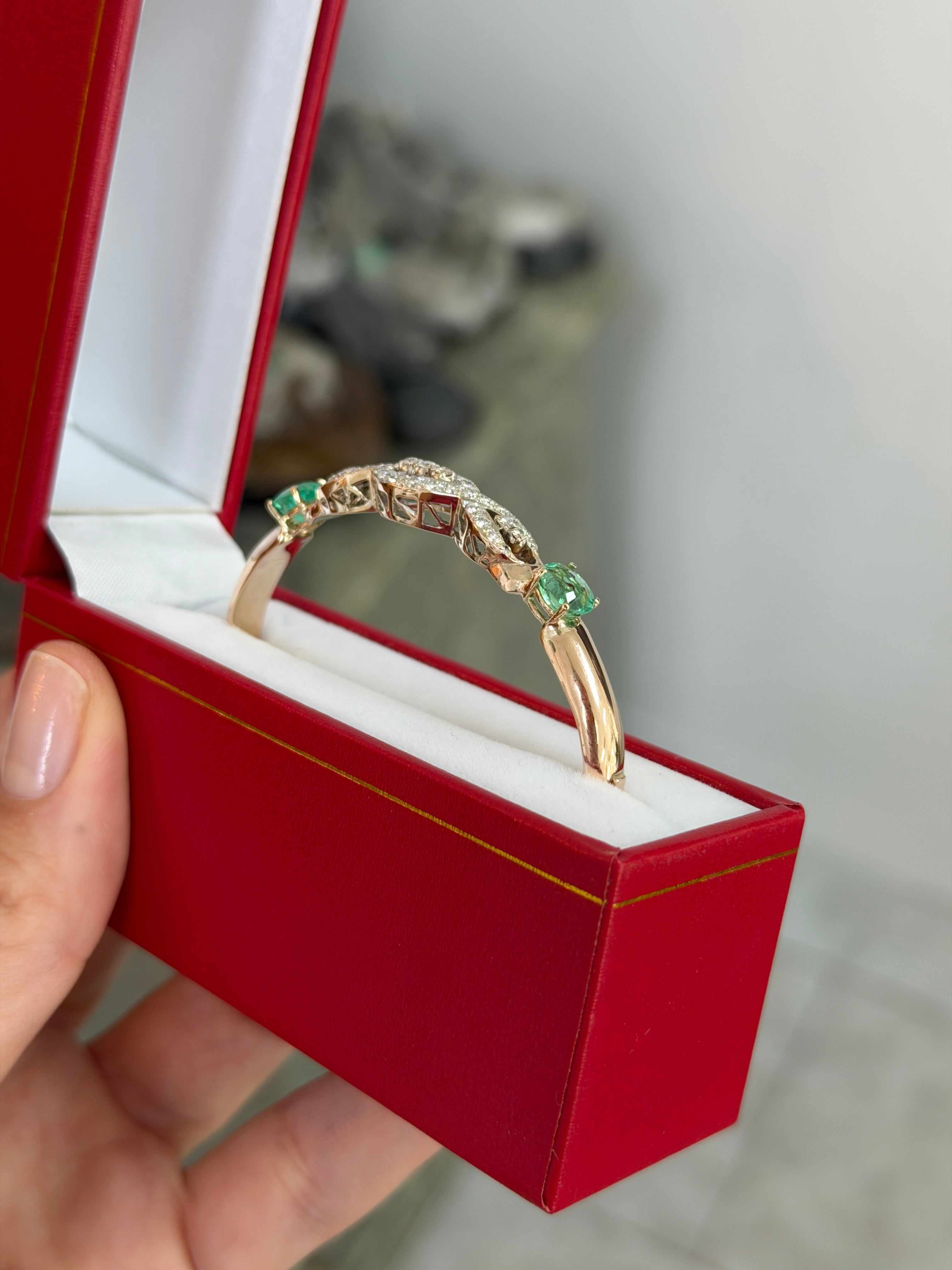 As Seen On Instagram: 2.85tcw Round Diamond & Natural Oval Emerald Bangle Bracelet 14K - Image 5