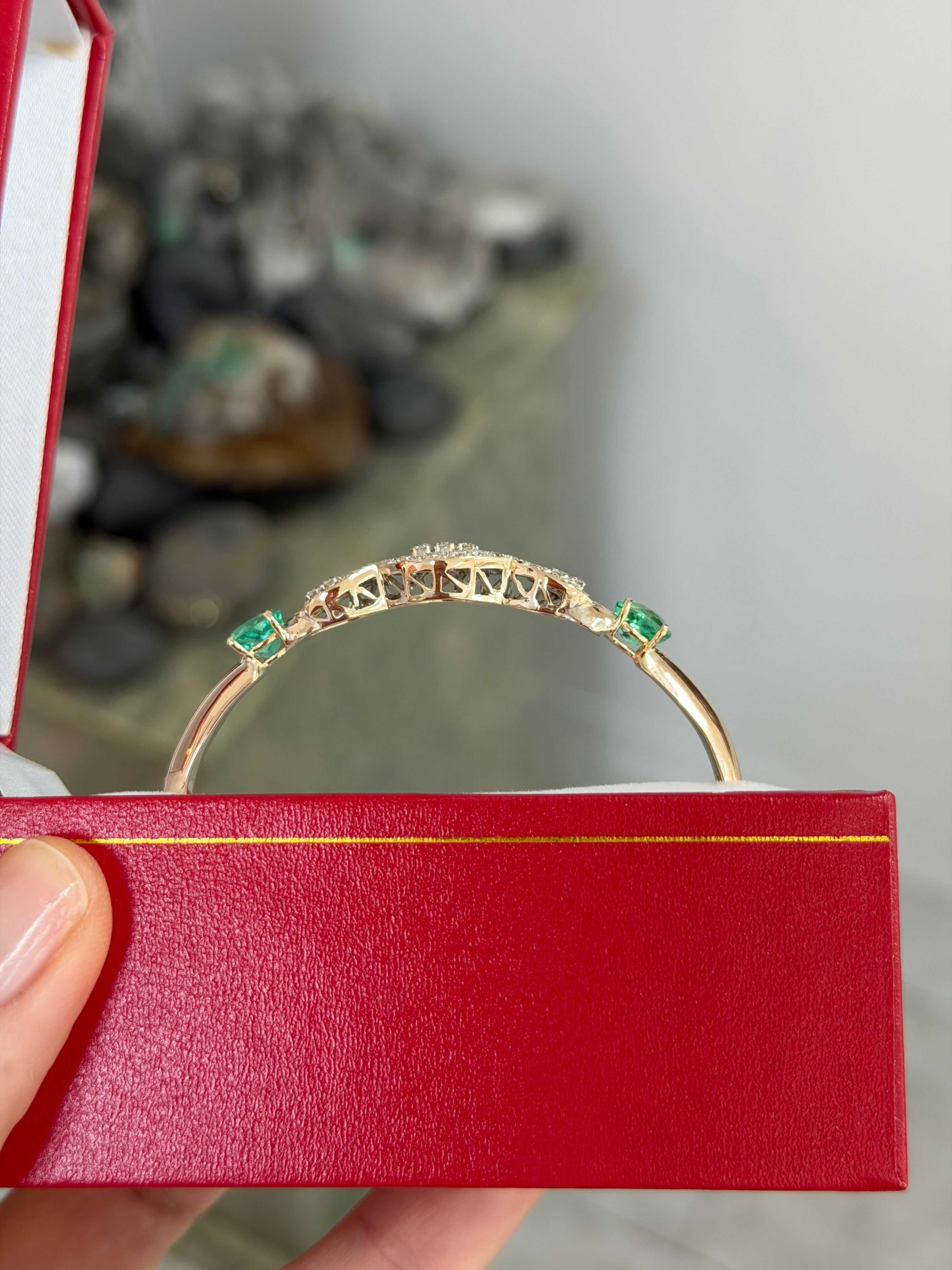 As Seen On Instagram: 2.85tcw Round Diamond & Natural Oval Emerald Bangle Bracelet 14K - Image 6