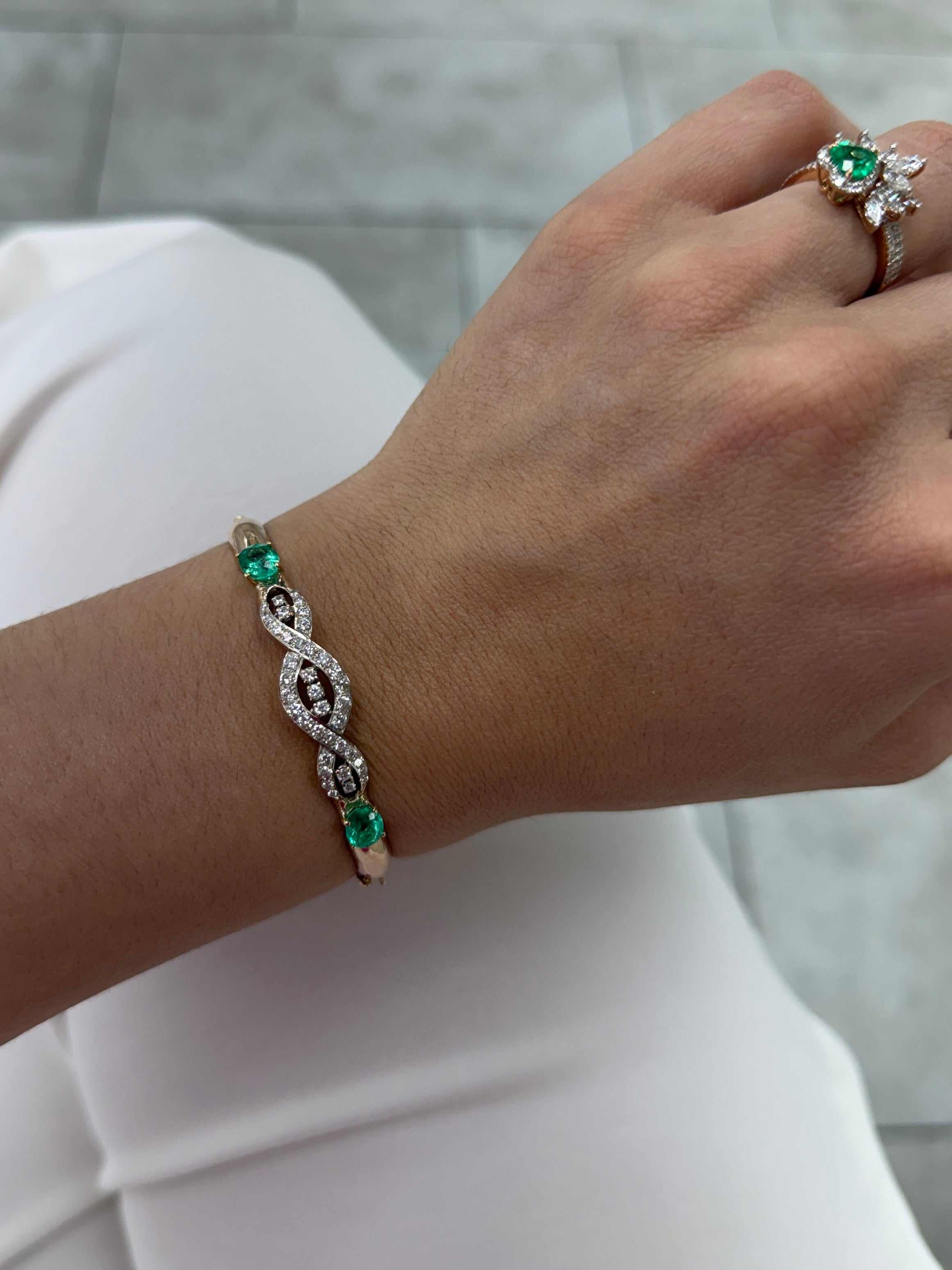 As Seen On Instagram: 2.85tcw Round Diamond & Natural Oval Emerald Bangle Bracelet 14K - Image 7