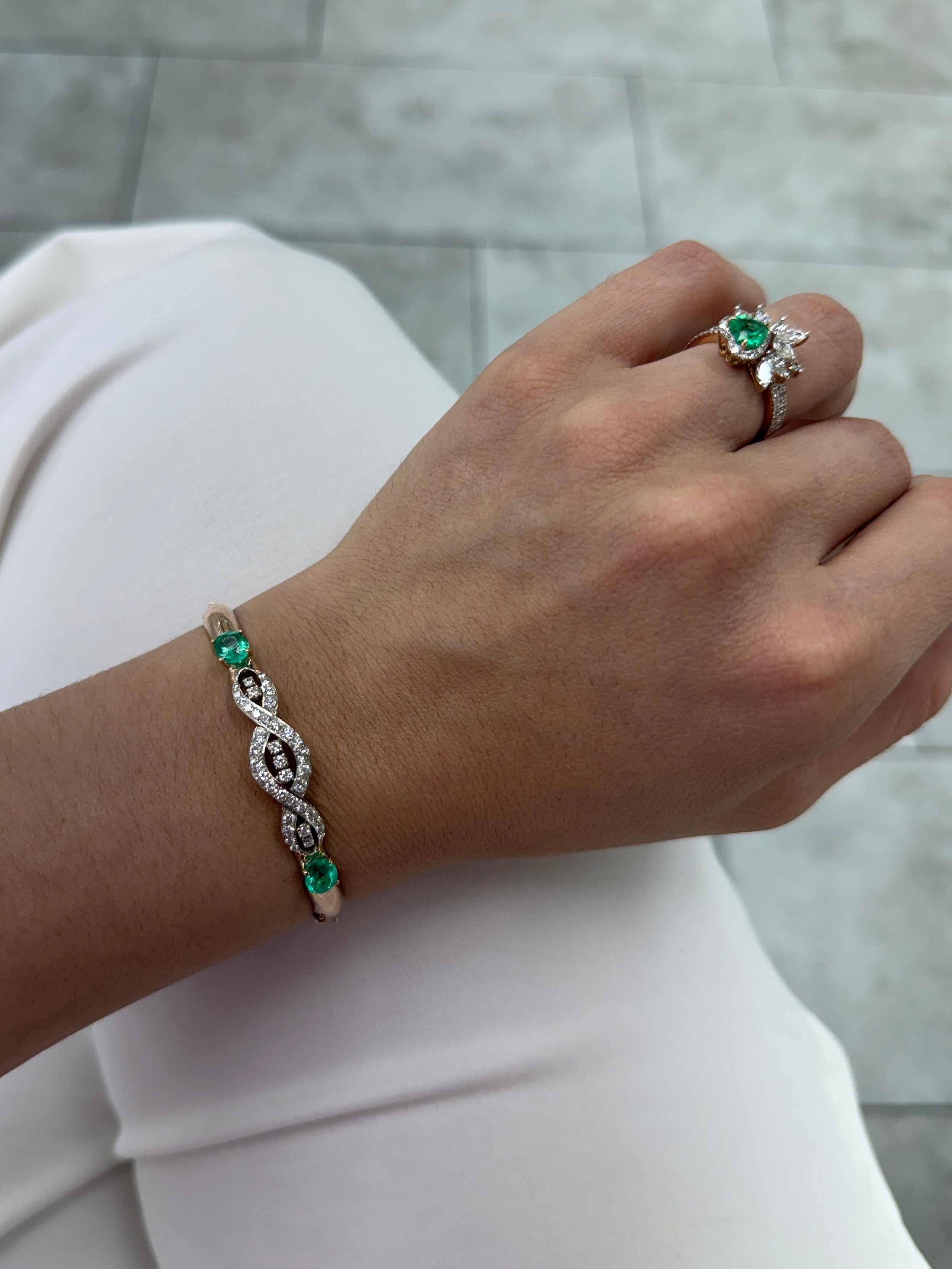 As Seen On Instagram: 2.85tcw Round Diamond & Natural Oval Emerald Bangle Bracelet 14K - Image 8