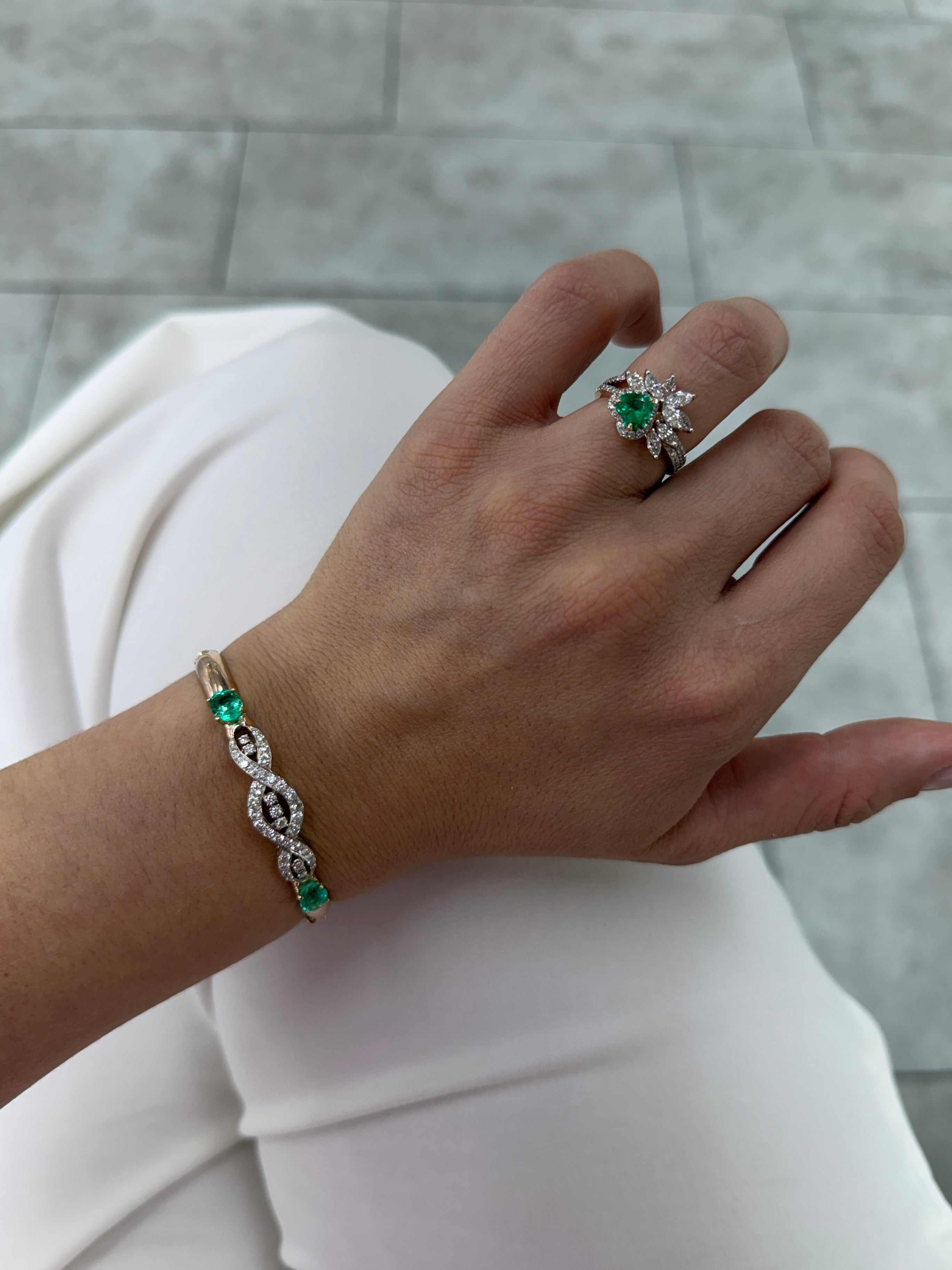 As Seen On Instagram: 2.85tcw Round Diamond & Natural Oval Emerald Bangle Bracelet 14K - Image 9