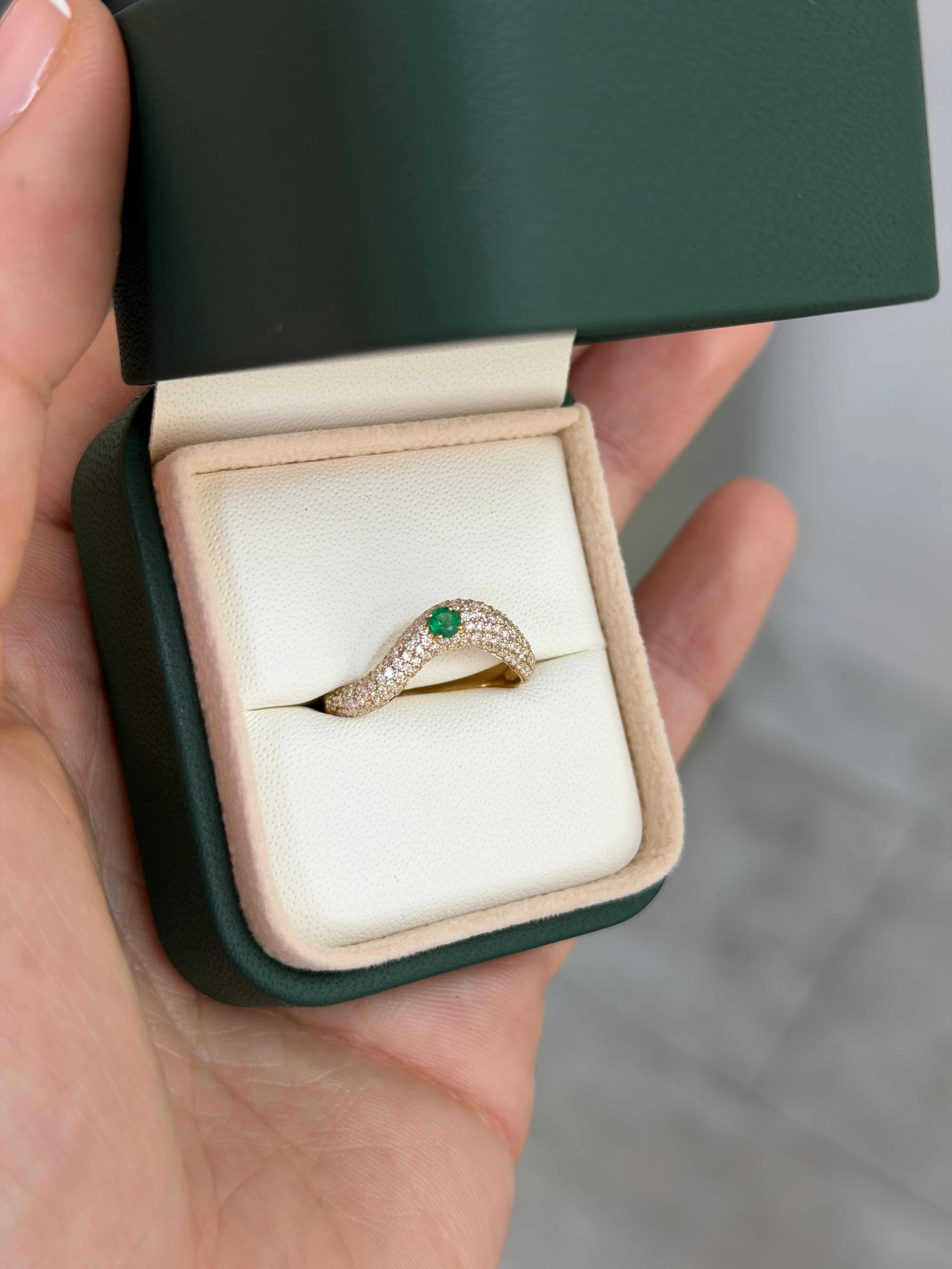 Custom Curved Emerald & Diamond Pave Wedding Band 14K- Size 7 - Image 5
