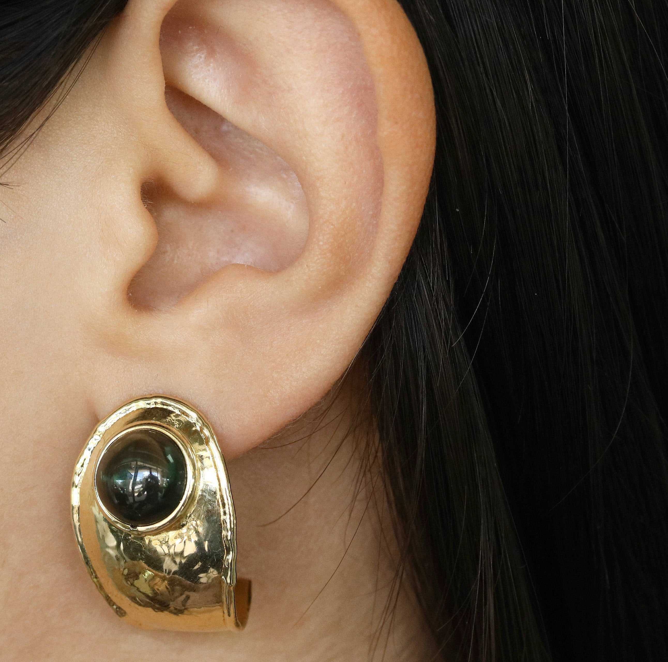 Green Tourmaline Cabochon 18k Gold Half Hoop Earrings - Image 3