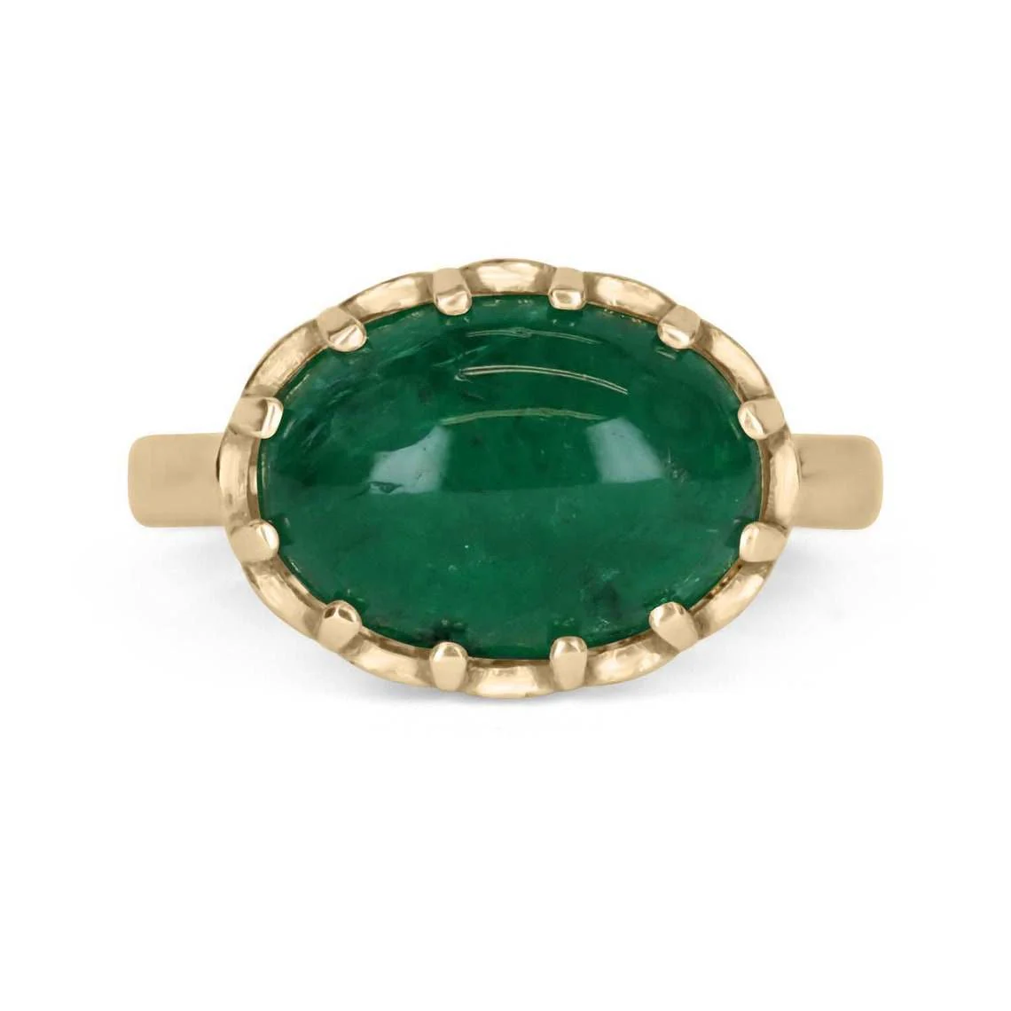 Hand Carved 5.47 Carat Natural Emerald Cabochon Solitaire Scroll Ring 14K