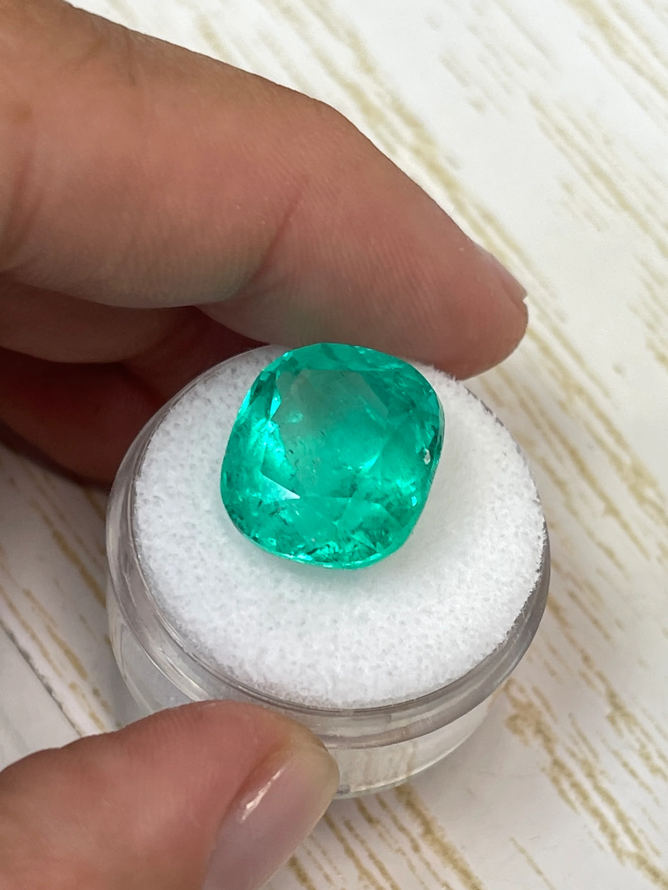 Large 14.44 Carat Minor Oil 15x14 Bluish Green Natural Loose Colombian Emerald-Cushion Cut - Image 6