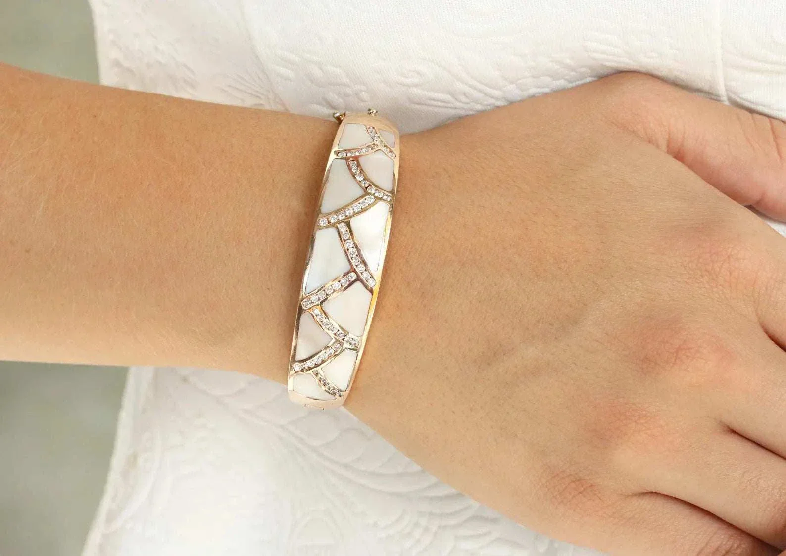 Mother of Pearl & Diamond Rose Gold Bangle 14K - Image 3