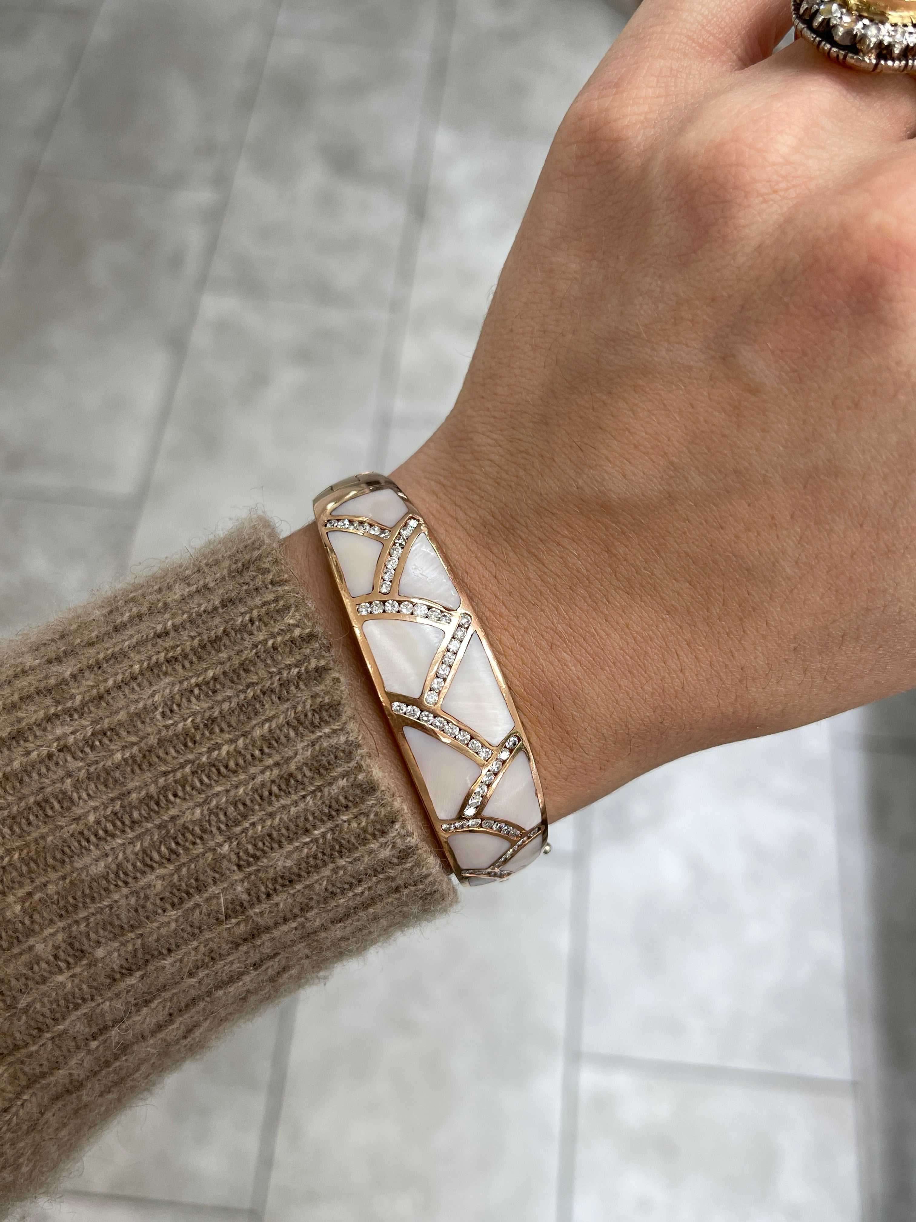 Mother of Pearl & Diamond Rose Gold Bangle 14K - Image 5