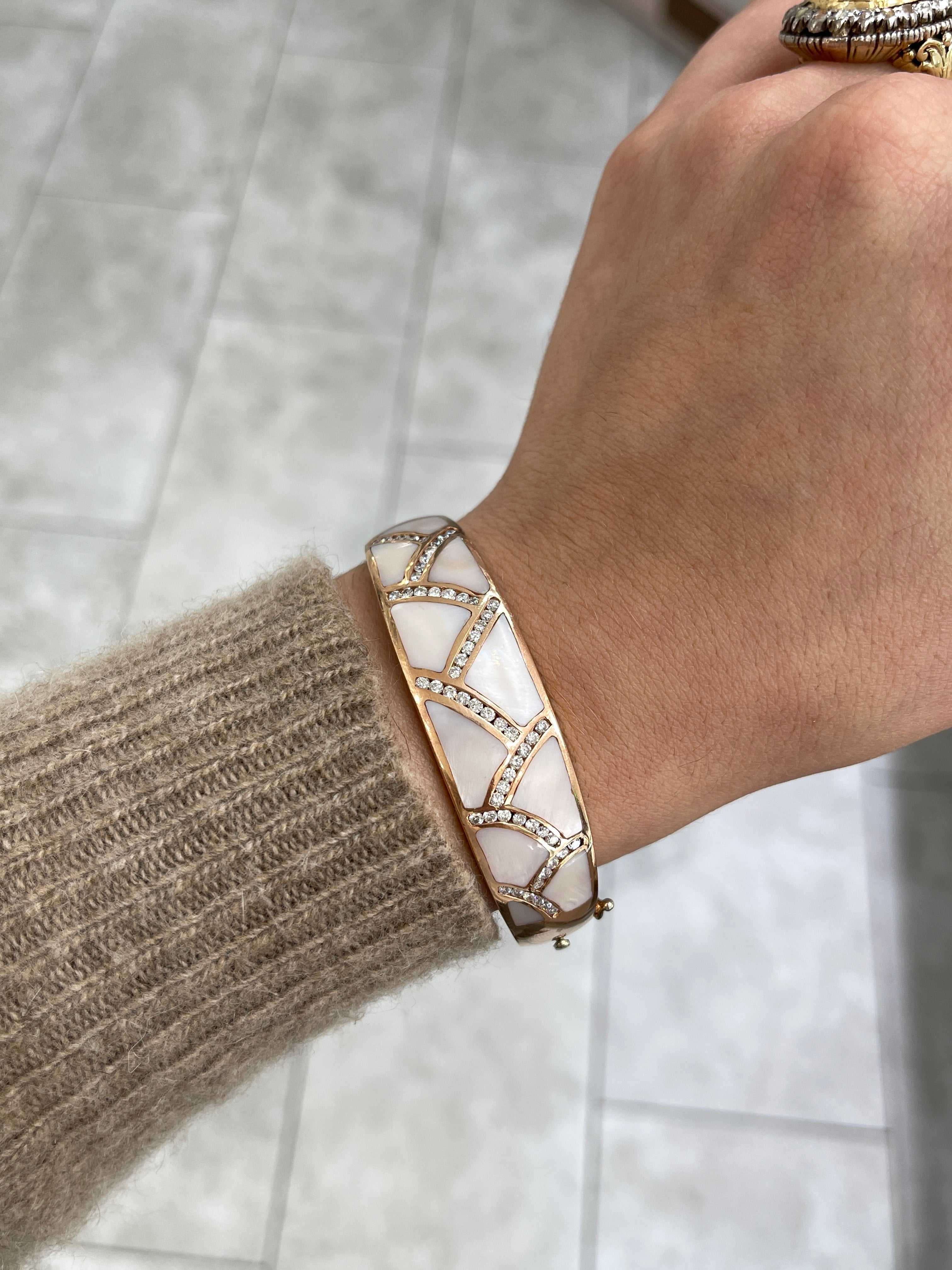 Mother of Pearl & Diamond Rose Gold Bangle 14K - Image 6