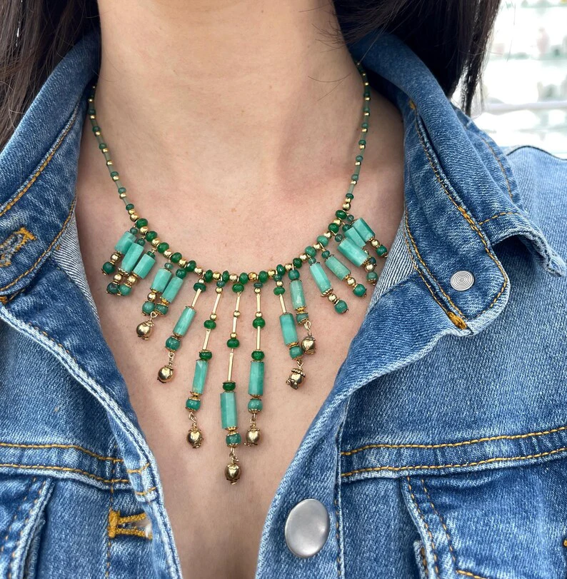 Natural Colombian Emerald & Rough Cut Necklace | 14K Gold & Silver - Image 3